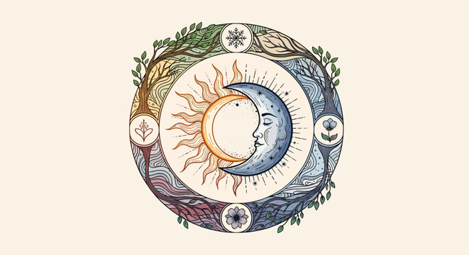 A circular emblem depicting the sun and moon in a celestial cycle, surrounded by seasonal elements and botanical symbols.