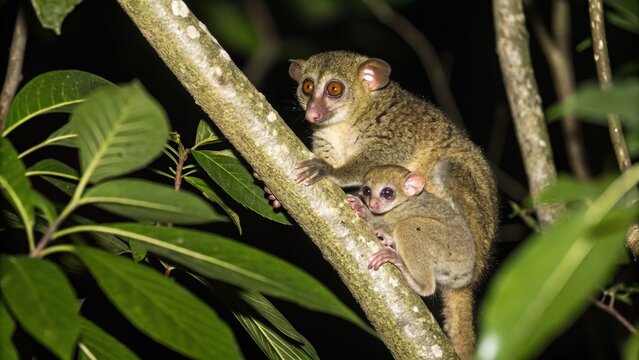 A female colugo (Galeopterus variegatus) with baby nocturnal in treetop at night , Singapore.
