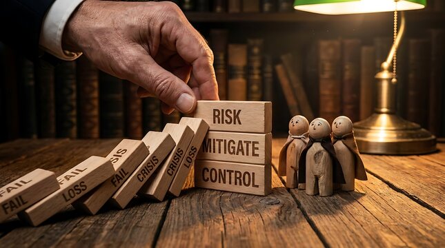 Hand places wooden block 'Risk' to stop falling dominoes labeled 'Fail', 'Loss', 'Crisis', symbolizing risk management and business strategy.