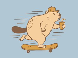 Beaver on skateboard with drink. © semurraja