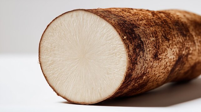 Detailed macro cross-section of a fresh cassava root featuring pure white starchy flesh and textured brown bark on a clean white background.