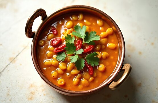 Golden lentil curry Dal Tadka served in copper bowl. Garnished with fresh green cilantro, red chilies. Aromatic indian cuisine, perfect vegan meal.