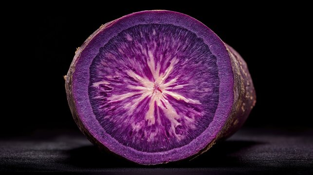 Extraordinary extreme macro cross-section of an Okinawan purple sweet potato, revealing vibrant violet rings and a natural radial starburst pattern on a dark background.