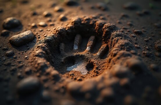 Close-up of animal paw print pressed into dark, wet soil. Texture of ground shows pebbles, indentations, indicating recent wildlife passage. Impression animal presence in natural outdoor setting.
