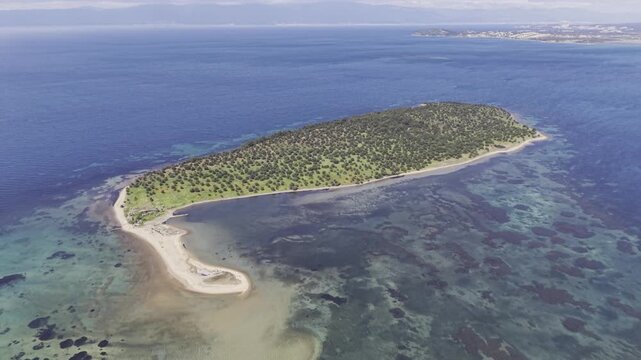 Aerial Drone View of Cicek Island in Ayvalik, Turquoise Aegean Sea and Coastal Landscape Turkey