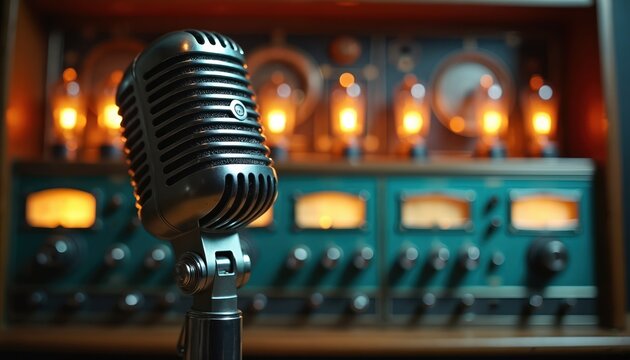 Vintage microphone sits on stand before glowing vacuum tubes and analog control panel in old radio studio. Retro audio equipment, broadcast gear, classic sound tech.