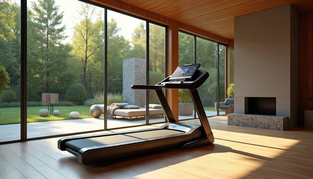 Modern treadmill in bright room with garden view. Exercise machine on wood floor near big windows. Contemporary fitness space with fireplace and natural light. Workout area.