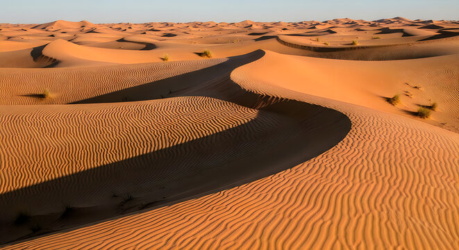 Dramatic desert dunes with winding dark riverbed illustration