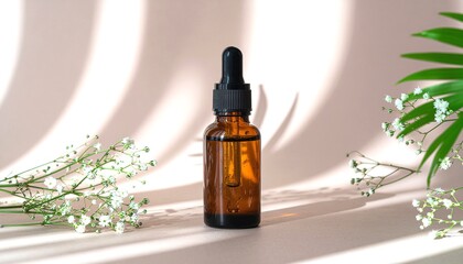 Fototapeta premium Essential Oil Bottle with Plant Shadow Overlay Minimal Luxury 