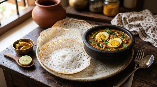 Kerala Appam with Egg Curry Authentic South Indian Breakfast Realistic Food Photography 1:1