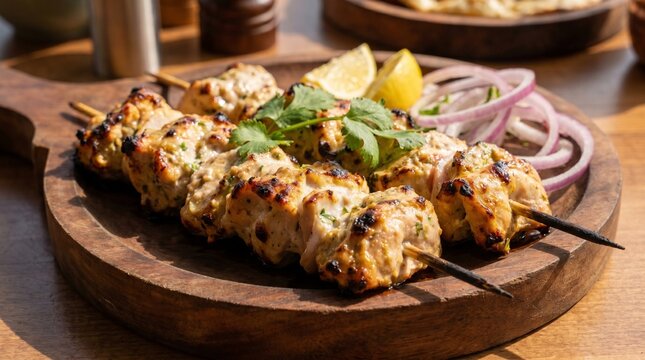 Juicy Chicken Tikka Indian Grilled Appetizer Realistic Food Photography Close Up 1:1