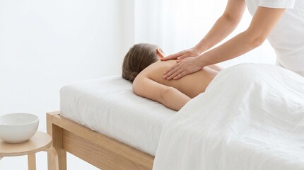 Obraz premium Relaxing Woman Receiving Professional Back Massage in Bright Luxury Spa Wellness Center