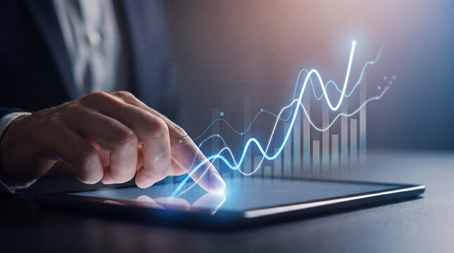 Close-up of a businessman's hand interacting with a digital tablet.
