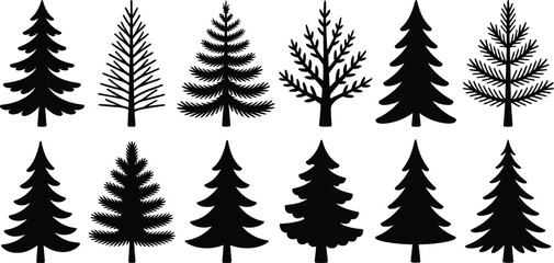 Obraz premium Black Pine Tree Silhouettes, Forest Icons, Vector Graphic, 10 Trees