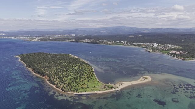 Aerial Drone View of Cicek Island in Ayvalik, Turquoise Aegean Sea and Coastal Landscape Turkey