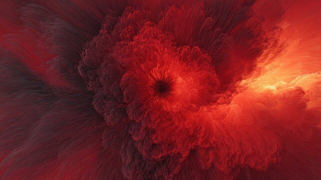 Red gradient background blending deep crimson and light scarlet with circular pattern surrounded by blazing flames. High resolution capture with motion blur effect and abstract composition in dark moo