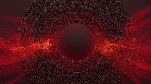 Red gradient background blending deep crimson and light scarlet with circular pattern surrounded by blazing flames. High resolution capture with motion blur effect and abstract composition in dark moo
