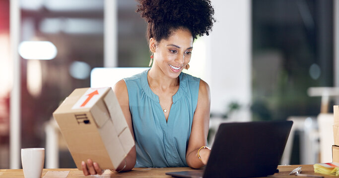 Logistics, box or woman in office with laptop, order review or inventory management in overtime. Distribution, night or supplier in agency with tech, package checklist or quality control in evening.