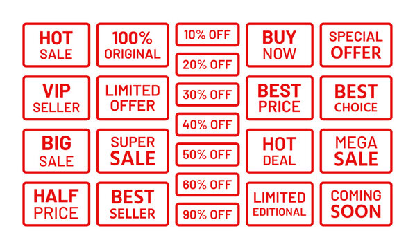 Sale product mark collection. Set rectangle best price stickers. Sale stamp imprint. Red sold out emblem in frame. New arrival label in border. Marketing retail badge. Text box with buy tags. Vector i