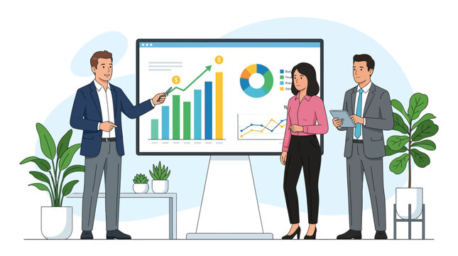 Business meeting with charts and graphs on screen, people presenting data