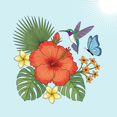 A vibrant illustration of a tropical scene featuring a red hibiscus flower, plumeria, and other exotic plants, with a hummingbird and a butterfly in flight under a bright sun. © Ngelus