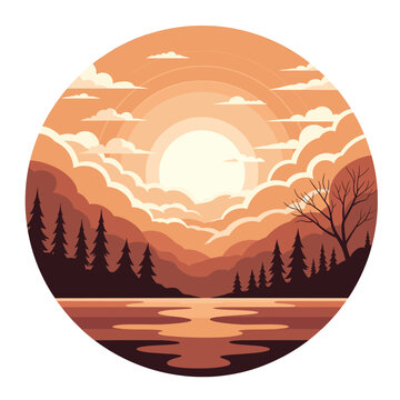 A serene circular landscape illustration depicting a warm sunset over a tranquil lake, with silhouetted pine trees and a bare tree on the right.
