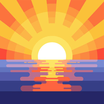 Vibrant sunrise over a calm ocean with colorful reflections on the water's surface, creating a serene and picturesque natural scene.