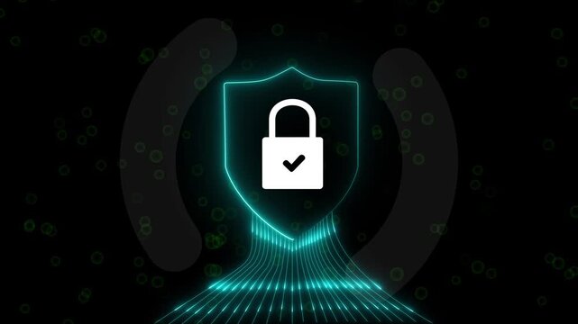 Cybersecurity animation with glowing shield icon protecting encrypted digital data ontech network. Futuristic cybersecurity shield glowing with digital,4K animated .4k animation video,4k