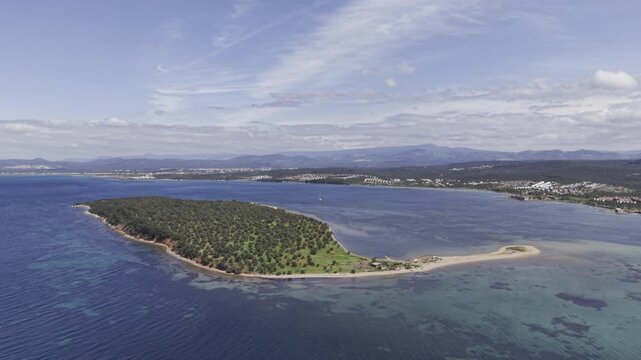 Aerial Drone View of Cicek Island in Ayvalik, Turquoise Aegean Sea and Coastal Landscape Turkey
