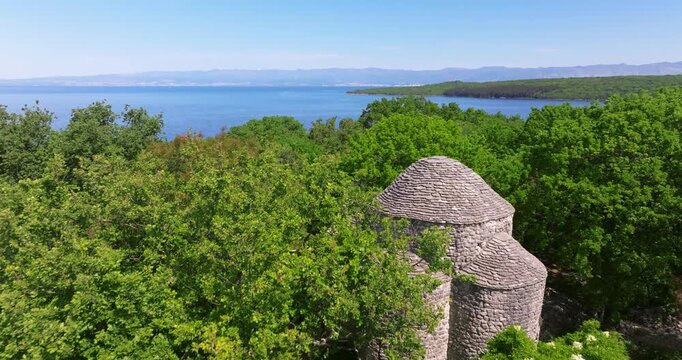 Aerial view of St. Kr&scaron;evan Church in dense forest, Krk Island, Croatia
