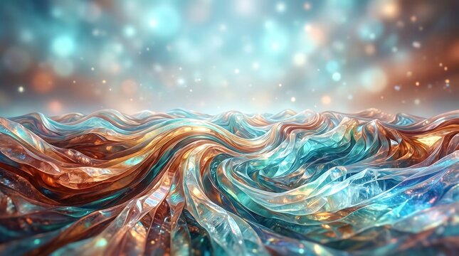 Vibrant abstract waves swirl and dance in shimmering blue, orange, and white hues under a sparkling night sky with stars.