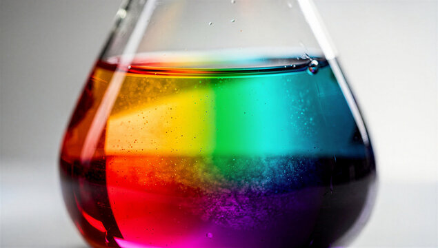 Macro Close-Up of Glass Erlenmeyer Flask Filled with Vibrant Rainbow Colored Chemical Liquid Layers in Red Yellow Green Teal Blue and Purple on White Background, Science Chemistry Laboratory Concept P