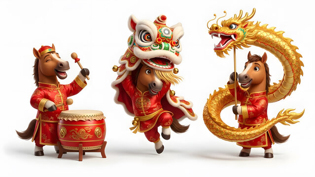 Horses in traditional Chinese costumes performing