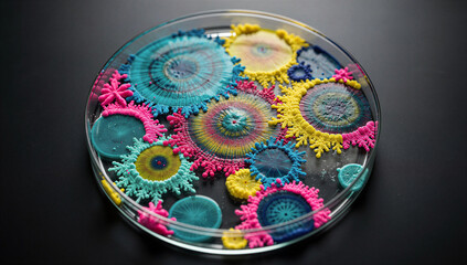 Naklejka premium Macro Close-Up of Colorful Vibrant Bacteria Colony Cultures Growing in Glass Petri Dish with Pink Teal Yellow and Blue Patterns on Dark Background, Science Microbiology Laboratory Art Concept