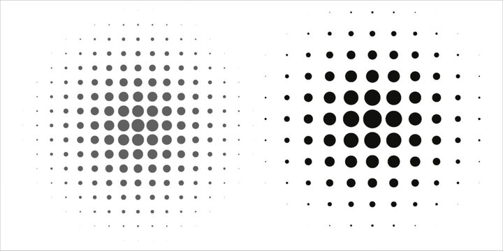 Set of halftone dots gradient pattern texture isolated on white background. Straight dotted spots using halftone circle dot raster texture.