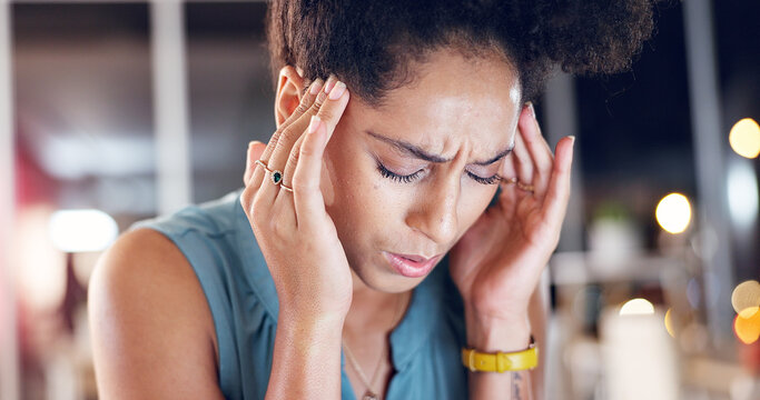 Night, woman and headache in office with stress, contemplation and deadline for marketing project. Late, bokeh and person in business with migraine, challenge and mistake for advertising campaign.