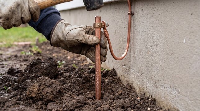 A gloved hand installs a copper grounding rod into the soil next to a building's foundation. The scene shows a focus on construction and electrical safety.
