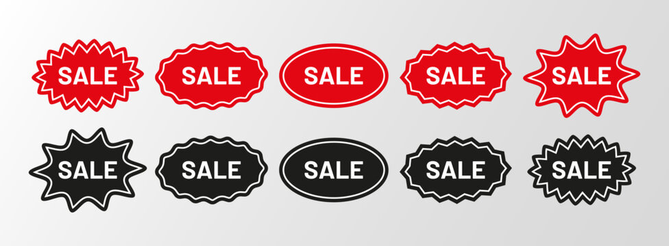 Sale price stickers. Black and red discount promo stamps. Price drop splash badges. Tag product labels. Set of starburst shapes isolated on white background. Vector illustration.