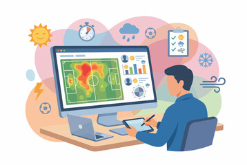 Obraz premium Football Performance Analyst Studying Soccer Data Heatmap on Monitor