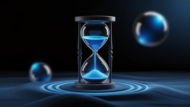 Glowing blue sand flows through a modern hourglass in an abstract dark setting representing time