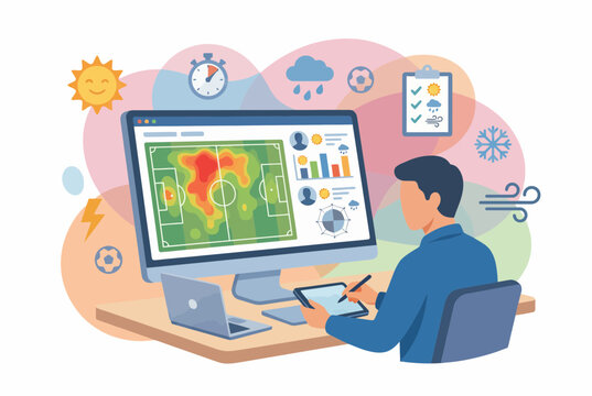 Football Performance Analyst Studying Soccer Data Heatmap on Monitor