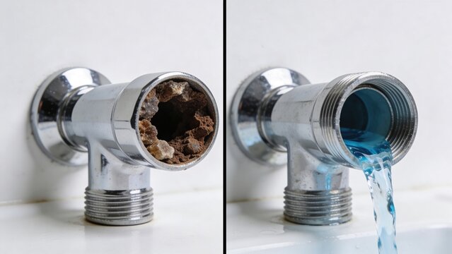 A comparison of a clogged pipe and a clean pipe. The left side shows a dirty, blocked pipe, while the right side shows a clear pipe with water flowing through.