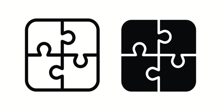 Black and white puzzle pieces icons in square shapes