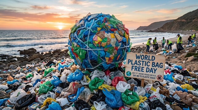 Large pile of plastic bags on a beach for world plastic bag free day with people cleaning up in the background at sunset