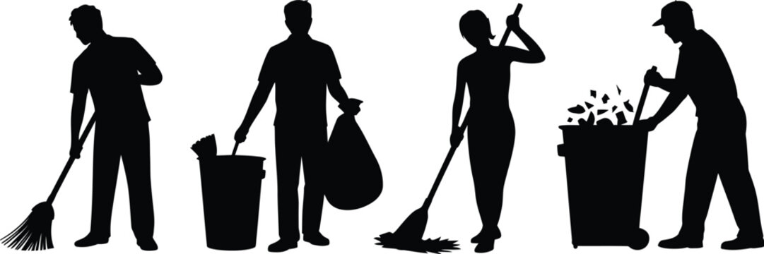 Black silhouettes of janitors cleaning, janitorial staff icons, cleaning services vector set, sanitation workers