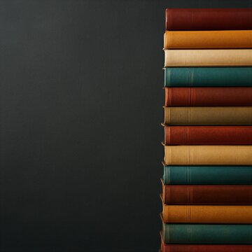 A vertical stack of colorful books on a dark textured background. Towering column of old books with copy space for World Book Day