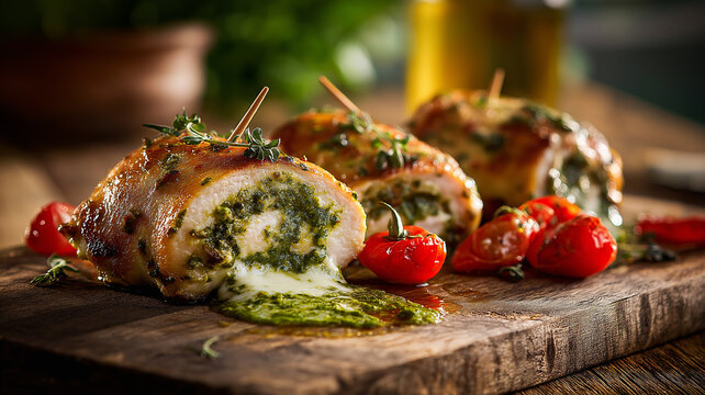 Pesto chicken rolls bursting with flavor surrounded by roasted cherry tomatoes Generative AI