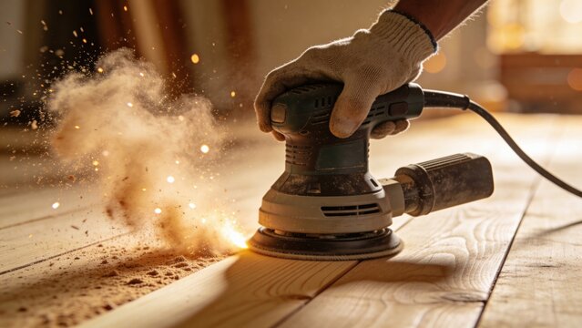 A close-up of a hand using an electric sander on wooden flooring. Dust particles are visible in the air, indicating active sanding work.