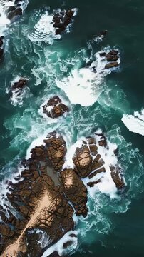 Drone footage capturing a rocky reef being battered by rough waves from directly above.