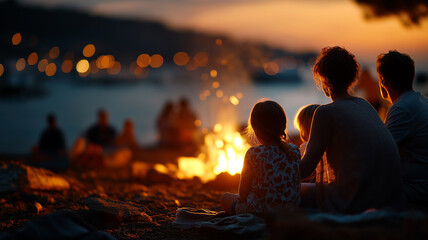 Fototapeta premium Warm evening gathering by the beach with family silhouettes enjoying a cozy campfire and sunset views Generative AI